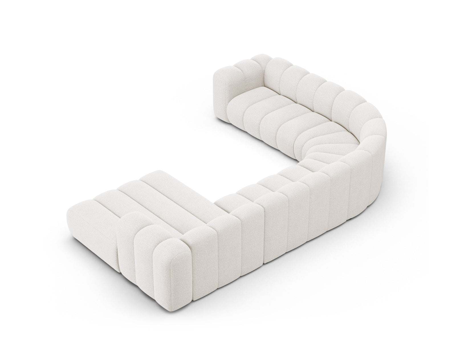 Elegantes Lupine Boucle Ecksofa links für 6 Personen, ideal für moderne Wohnräume, bietet Komfort und stilvolles Design.