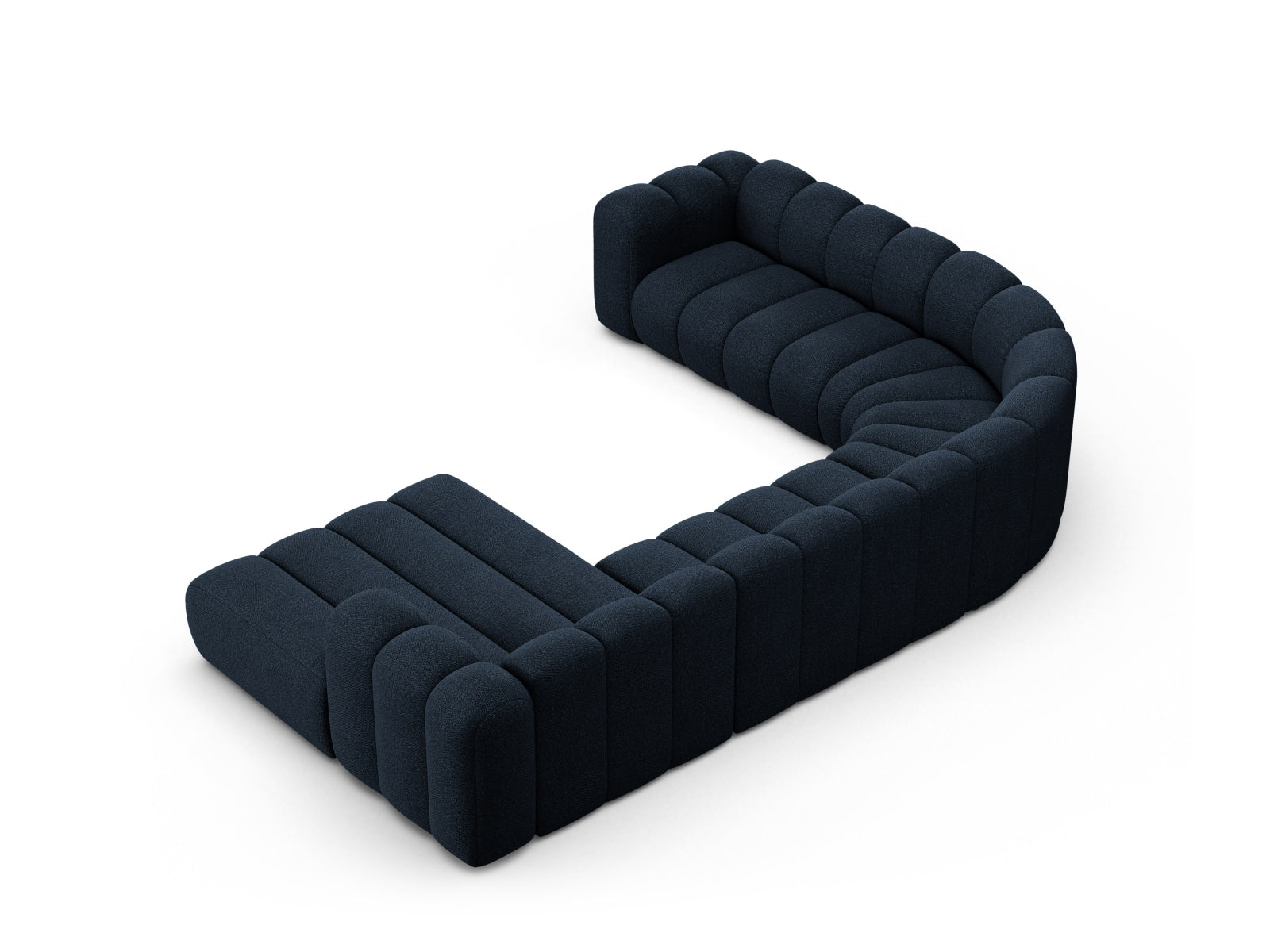 Elegantes, modulares Ecksofa links in Dunkelblau für 6 Personen, ideal für stilvolle Wohnräume und entspannte Zusammenkünfte.