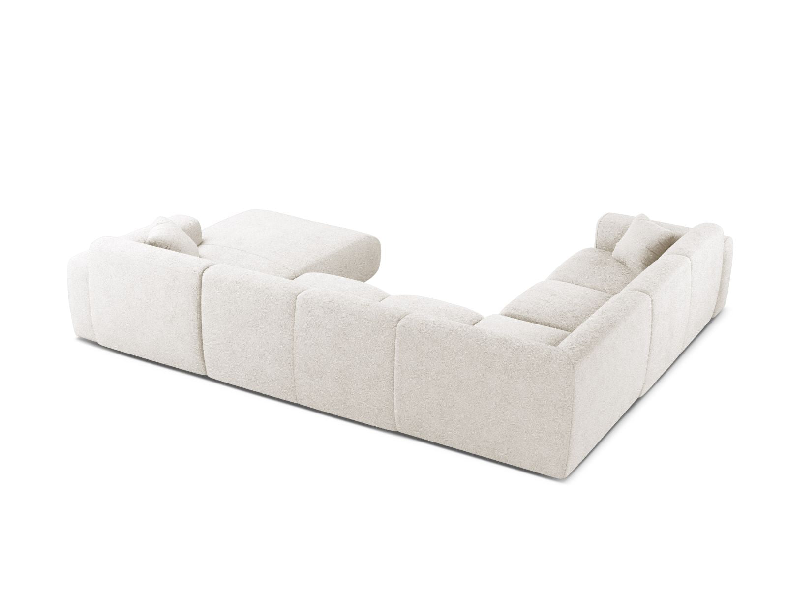 Modulares 6-Sitzer Ecksofa Molino in Weiß, linksseitig, bietet großzügigen Sitzkomfort und modernes Design für jeden Wohnraum.