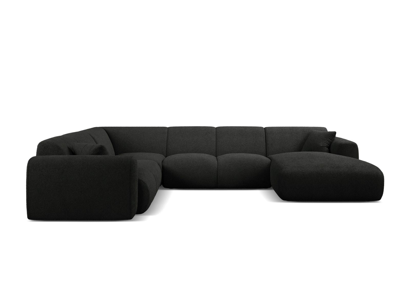 Elegantes 6-Sitzer Ecksofa Molino in Schwarz-Baloo, ideal für moderne Wohnräume, präsentiert sich in stilvollem Design und modularer Form.