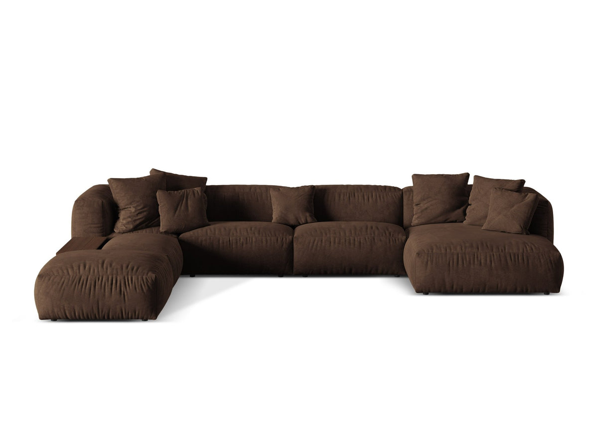 Modulares Panorama-Ecksofa links von Micadoni in Schokolade mit Veloursstoff-Bezug und schwarzen Kunststoffbeinen, Serie Martina.