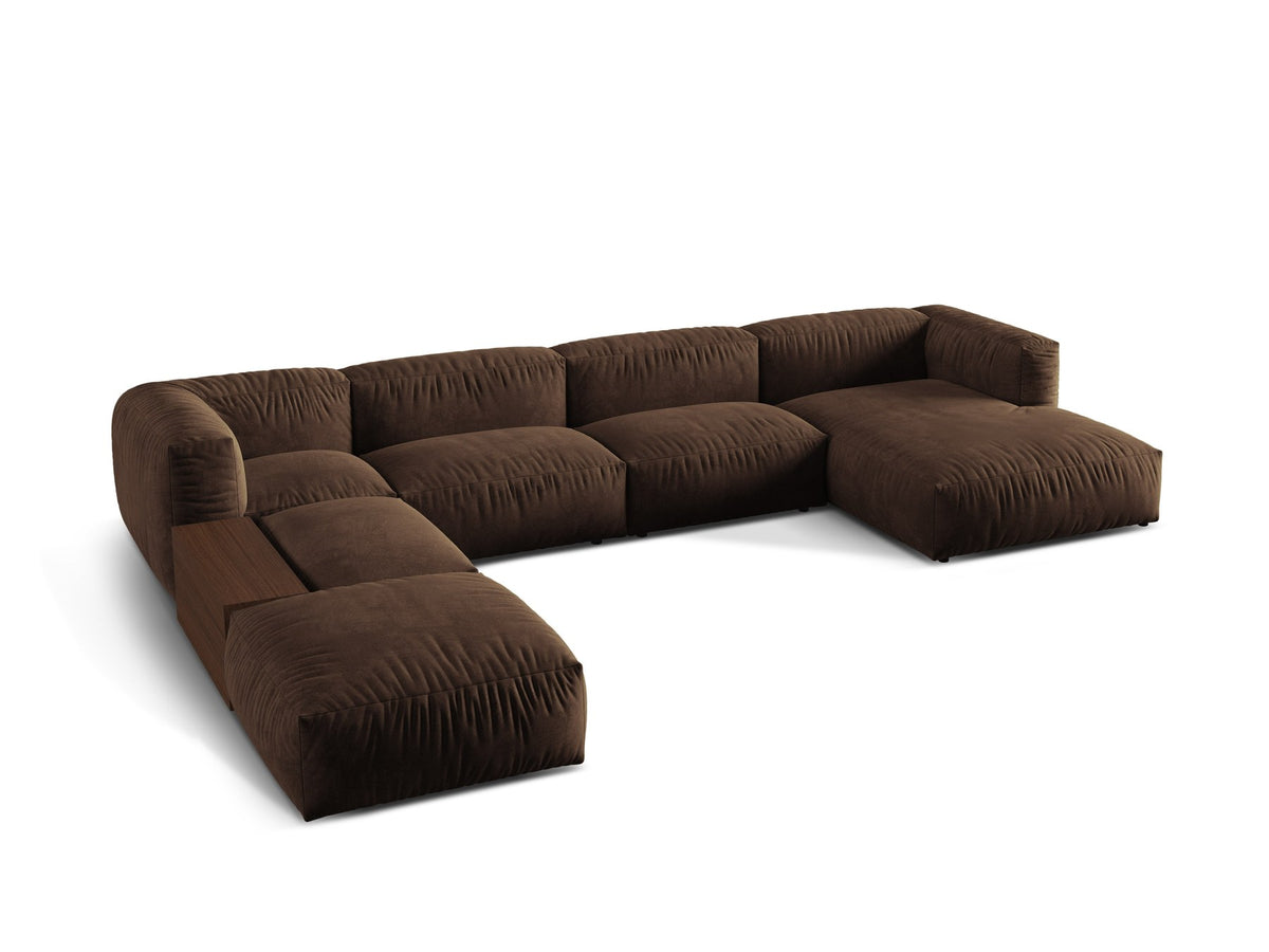 Modulares Panorama-Ecksofa links von Micadoni in Schokolade mit Veloursstoff-Bezug und schwarzen Kunststoffbeinen, Serie Martina.