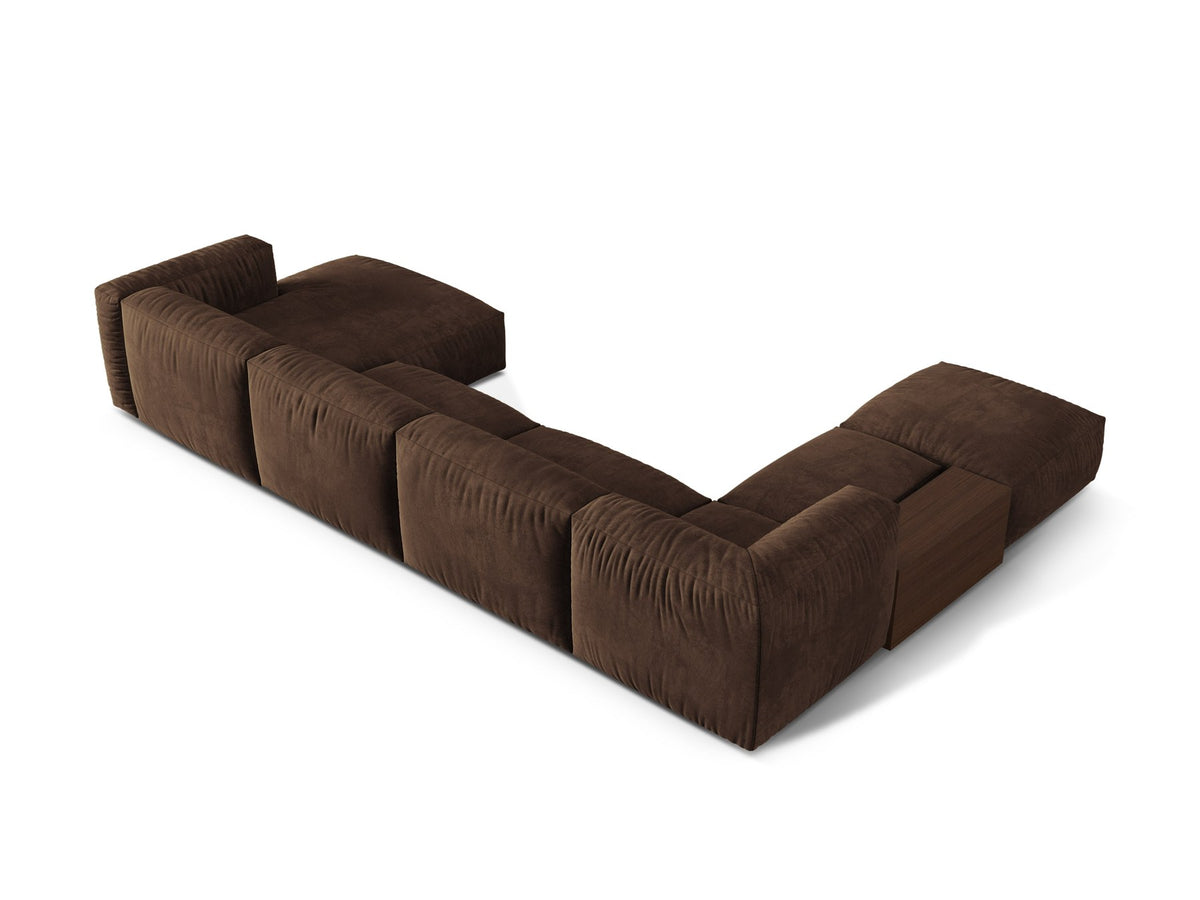 Modulares Panorama-Ecksofa links von Micadoni in Schokolade mit Veloursstoff-Bezug und schwarzen Kunststoffbeinen, Serie Martina.