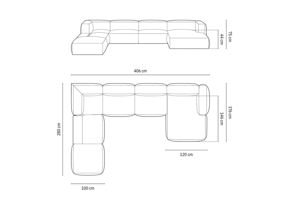 Modulares Panorama-Ecksofa links von Micadoni in Schokolade mit Veloursstoff-Bezug und schwarzen Kunststoffbeinen, Serie Martina.