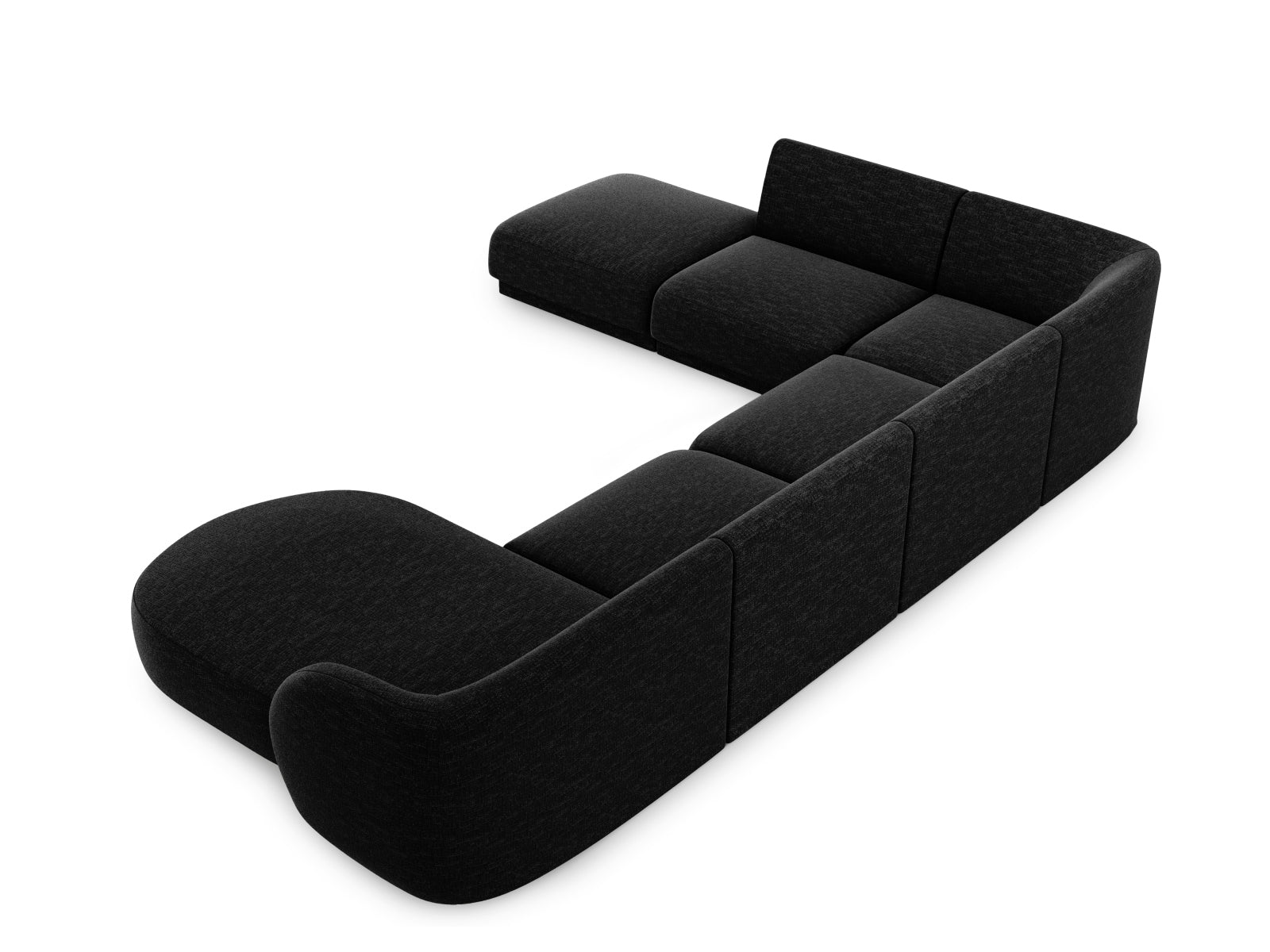 Geräumiges Miley Panoramic Ecksofa links für 6 Personen in edlem Schwarz, perfekt für stilvolle Wohnzimmer und gesellige Abende.