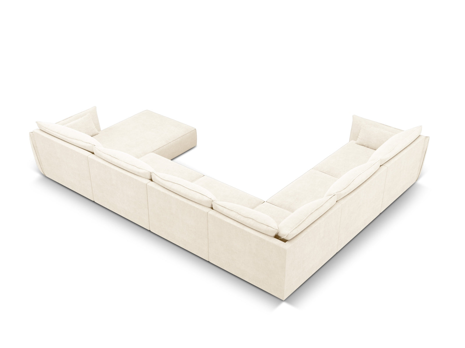 Modernes Kaelle Panoramic Ecksofa links für 8 Personen in hellem Beige, perfekt für gemütliche Zusammenkünfte und stilvolle Einrichtung.