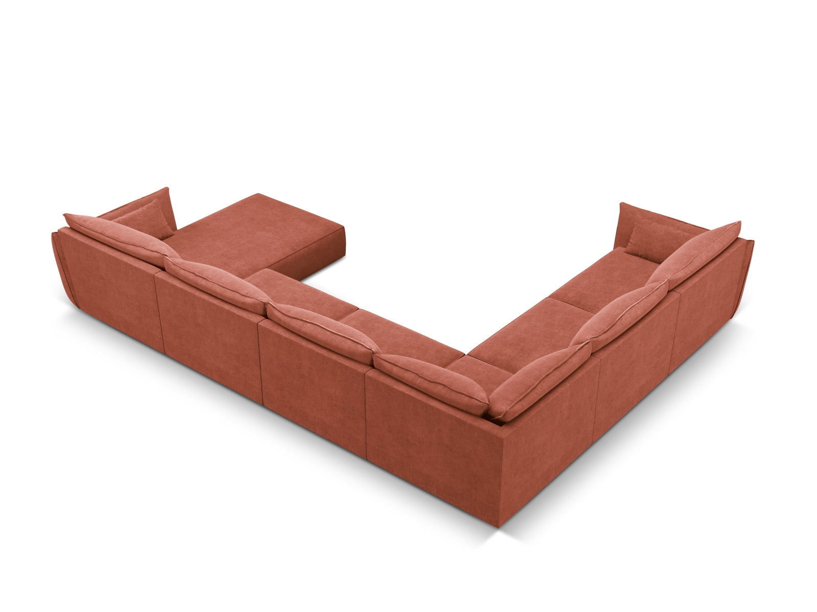 Modernes Kaelle Panoramic Ecksofa links für 8 Personen in ansprechendem Terracotta, perfekt für gemütliche und einladende Wohnbereiche.