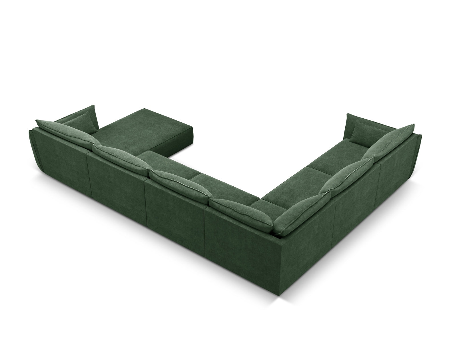 Modernes Kaelle Panoramic Ecksofa links für 8 Personen in tiefem Flaschengrün, perfekt für gemütliche und elegante Wohnambiente.