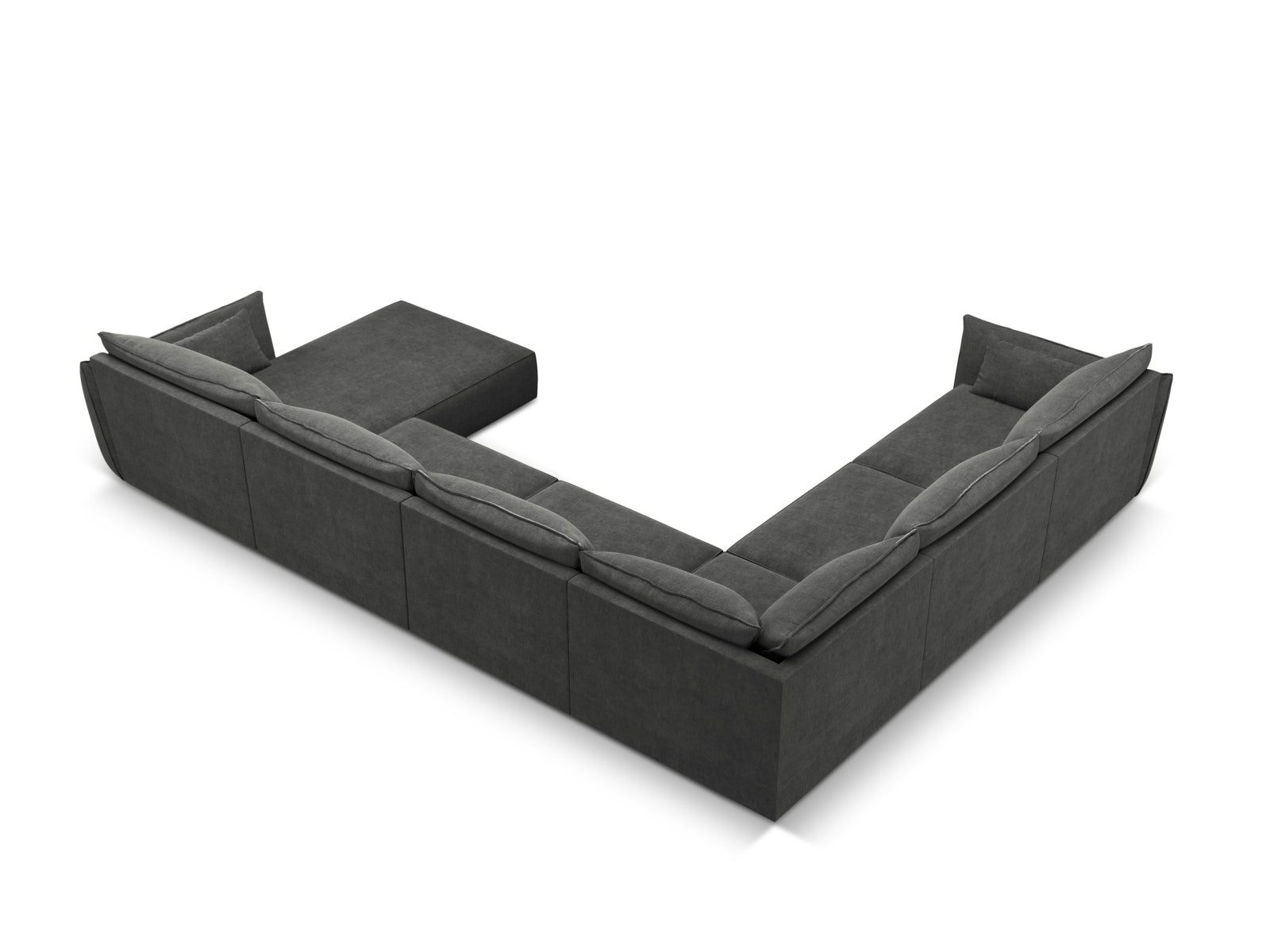 Geräumiges Kaelle Panoramic Ecksofa links für 8 Personen in edlem Dunkelgrau, perfekt für stilvolle und komfortable Wohnbereiche.