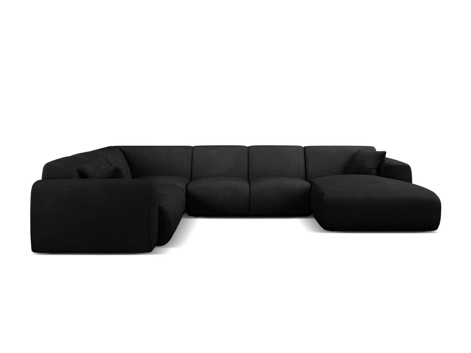Elegantes 6-Sitzer Ecksofa Molino in Schwarz, modular und panoramisch, ideal für stilvolle Wohnräume. Perfekte Kombination aus Komfort und Design.