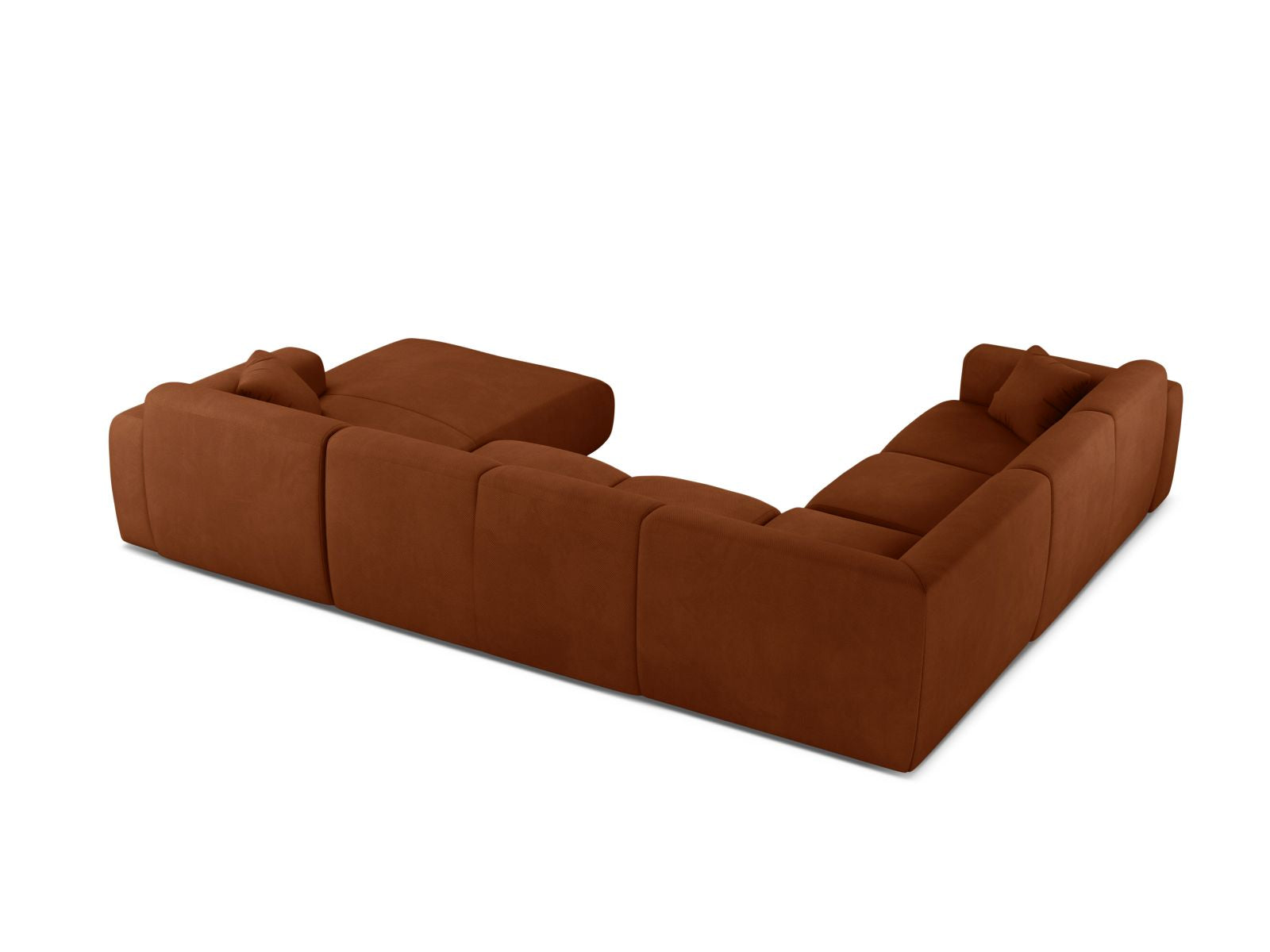 Modulares 6-Sitzer Ecksofa Molino in lebhaftem Orange, perfekt für stilvolle Wohnzimmer, vereint Funktionalität und modernes Design.