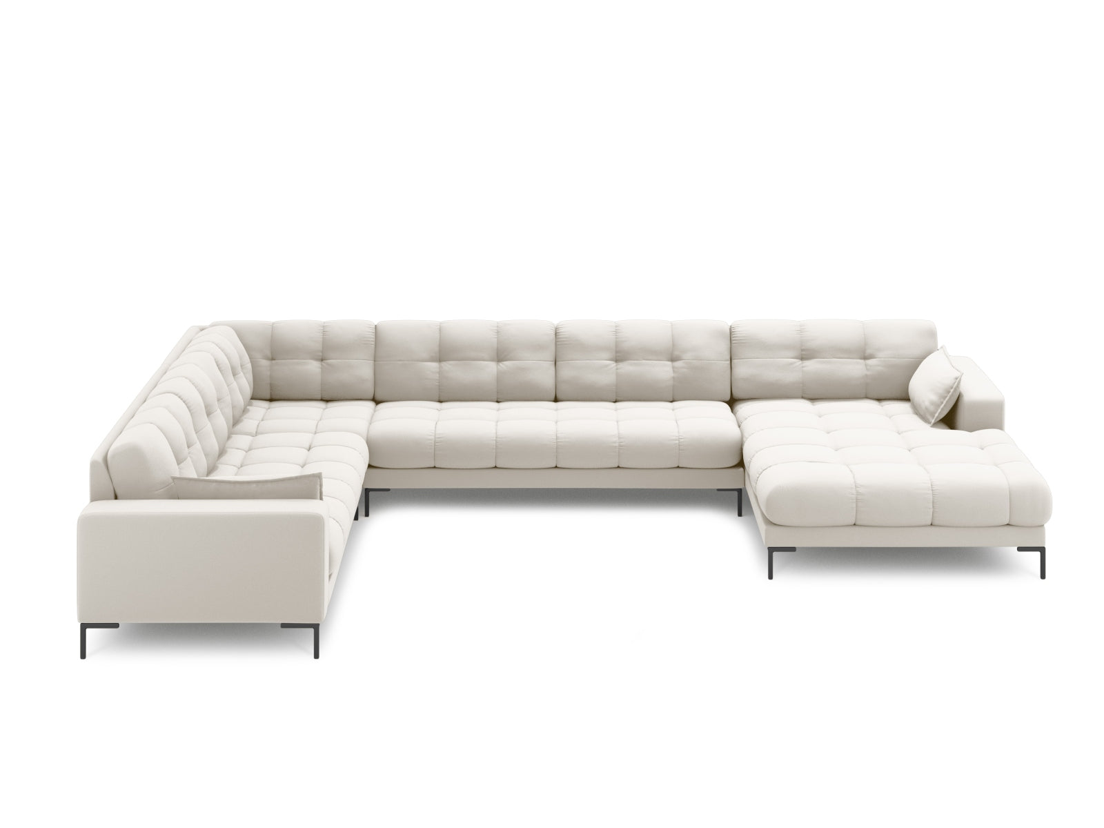 Elegantes Mamaia Panoramic Ecksofa links in sanftem Beige und Schwarz, ideal für stilvolle Wohnräume. 7-Sitzer für maximalen Komfort.