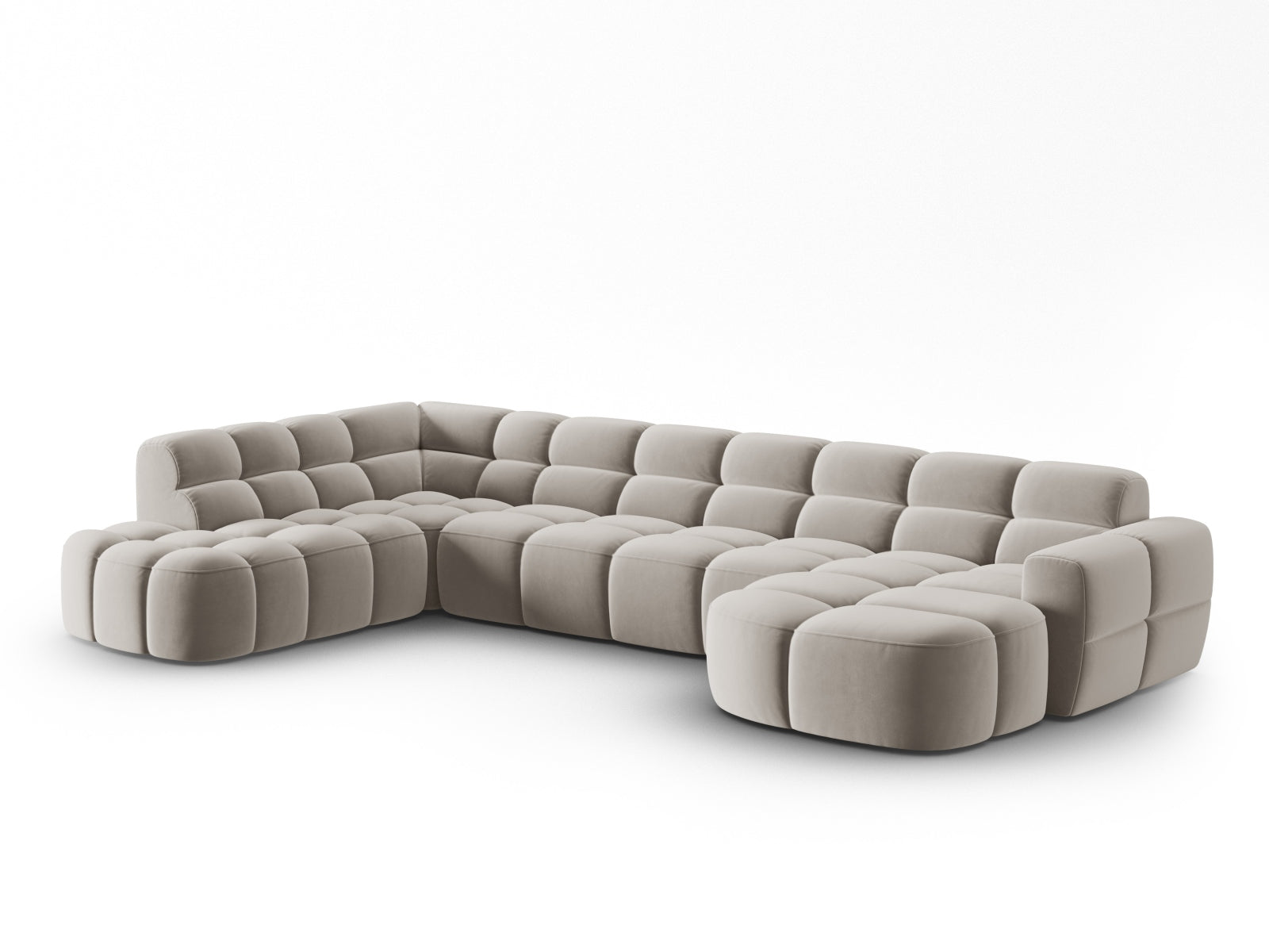 Entdecken Sie das elegante Lisa Velour Panoramic Ecksofa links 7 Sitzer von Micadoni. Ideal für stilvolle Wohnzimmer, vereint es Komfort und modernes Design.