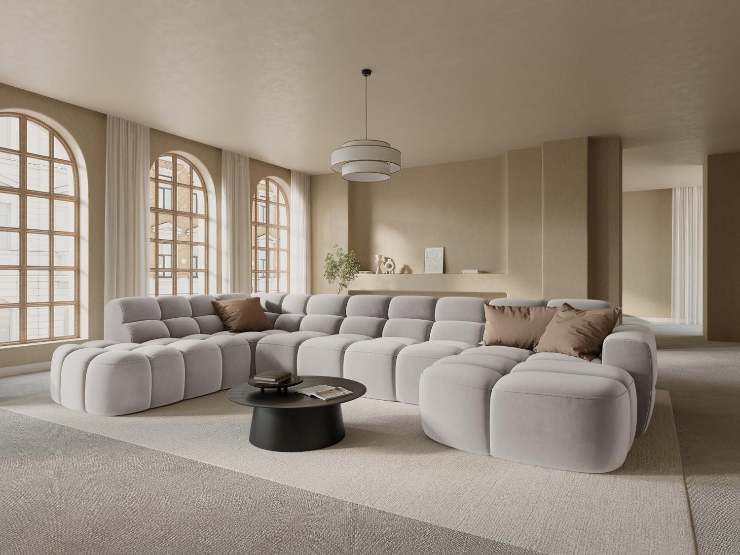 Erleben Sie das luxuriöse Lisa Velour Panoramic Ecksofa links 7 Sitzer von Micadoni. Perfekt für Ihr Wohnzimmer, vereint es modernen Stil und höchsten Komfort.