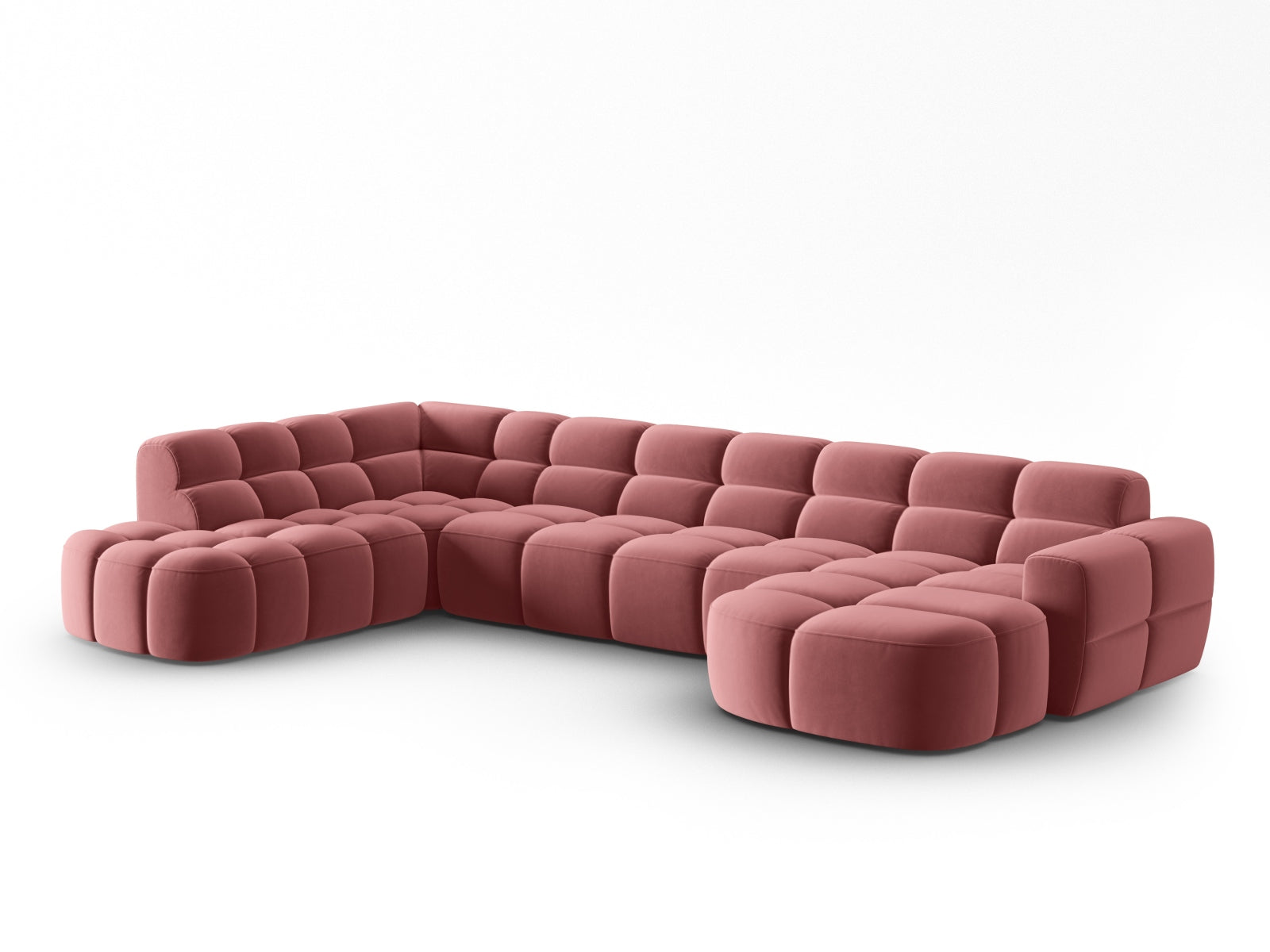 Entdecken Sie das elegante Lisa Velour Panoramic Ecksofa links 7 Sitzer von Micadoni. Ideal für stilvolle Wohnzimmer, vereint es Komfort und modernes Design.