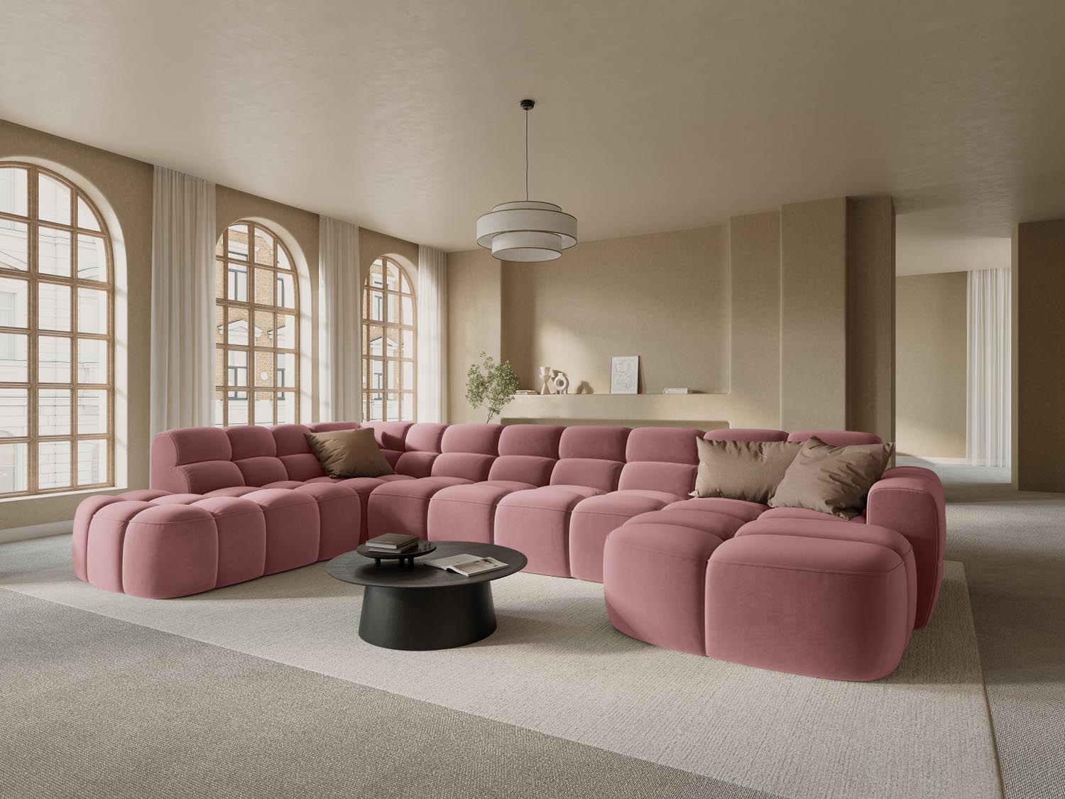 Erleben Sie das stilvolle Lisa Velour Panoramic Ecksofa links 7 Sitzer von Micadoni. Perfekt für Ihr modernes Wohnzimmer, vereint es Eleganz und Gemütlichkeit.