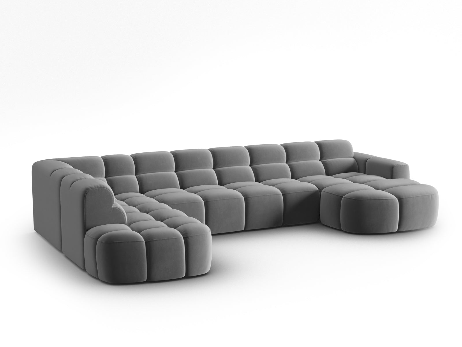 Erleben Sie das stilvolle Lisa Velour Panoramic Ecksofa links 7 Sitzer von Micadoni. Perfekt für Ihr modernes Wohnzimmer, vereint es Eleganz und Gemütlichkeit.