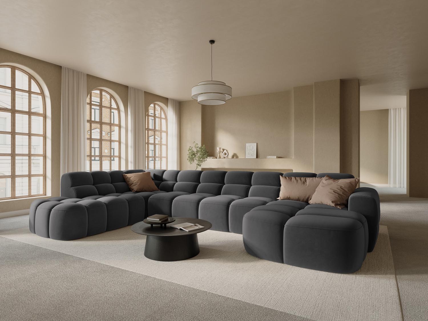 Erleben Sie das stilvolle Lisa Velour Panoramic Ecksofa links 7 Sitzer von Micadoni. Perfekt für Ihr modernes Wohnzimmer, vereint es Eleganz und Gemütlichkeit.