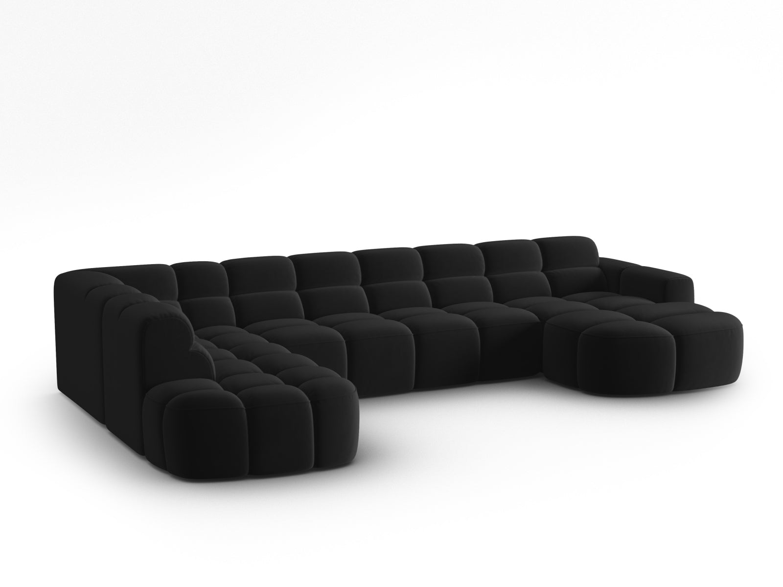 Erleben Sie das stilvolle Lisa Velour Panoramic Ecksofa links 7 Sitzer von Micadoni. Perfekt für Ihr modernes Wohnzimmer, vereint es Eleganz und Gemütlichkeit.
