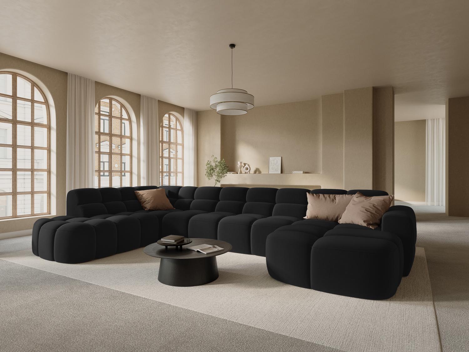 Erleben Sie das stilvolle Lisa Velour Panoramic Ecksofa links 7 Sitzer von Micadoni. Perfekt für Ihr modernes Wohnzimmer, vereint es Eleganz und Gemütlichkeit.