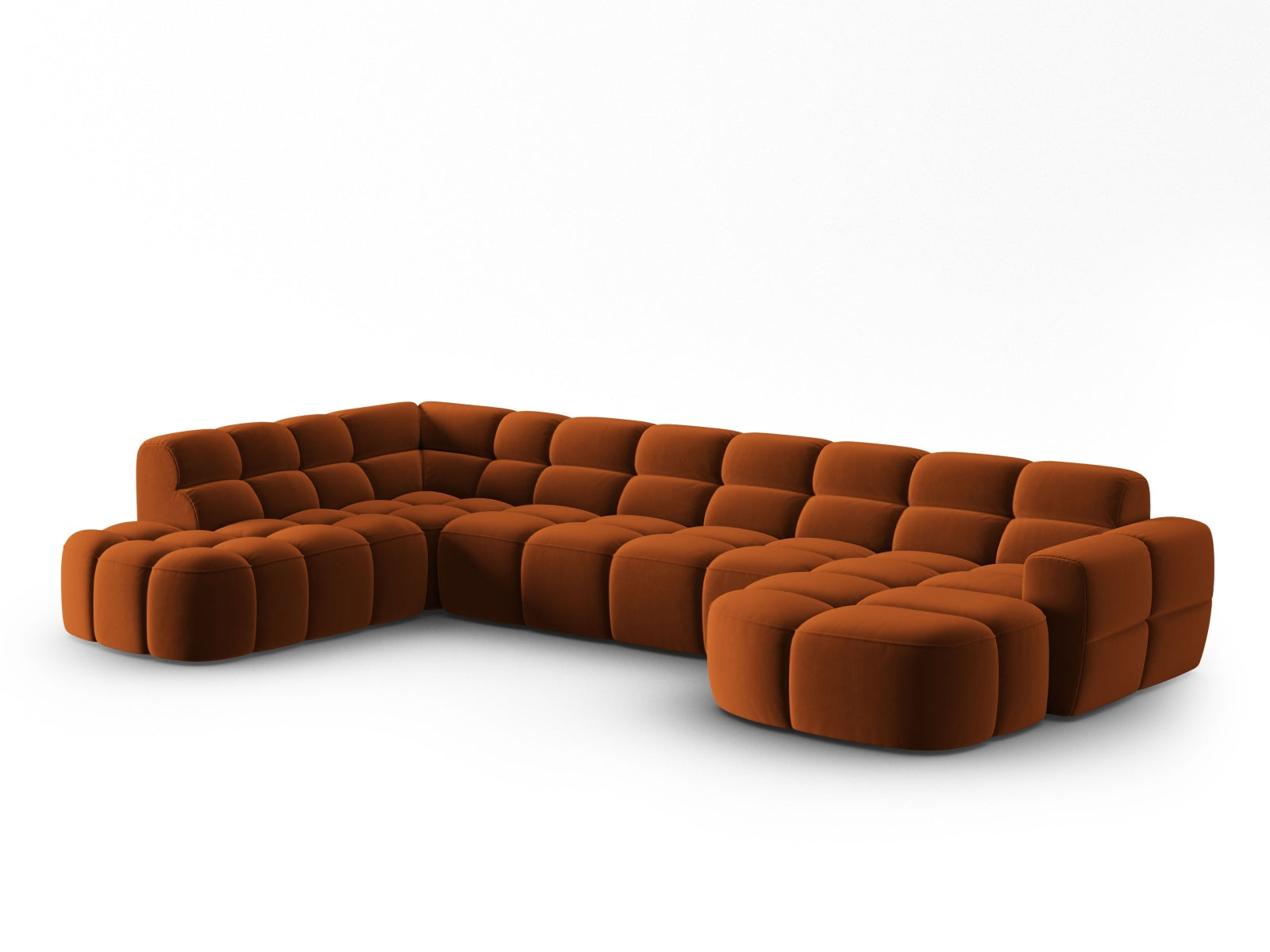Entdecken Sie das elegante Lisa Velour Panoramic Ecksofa links 7 Sitzer von Micadoni. Ideal für stilvolle Wohnzimmer, vereint es Komfort und modernes Design.