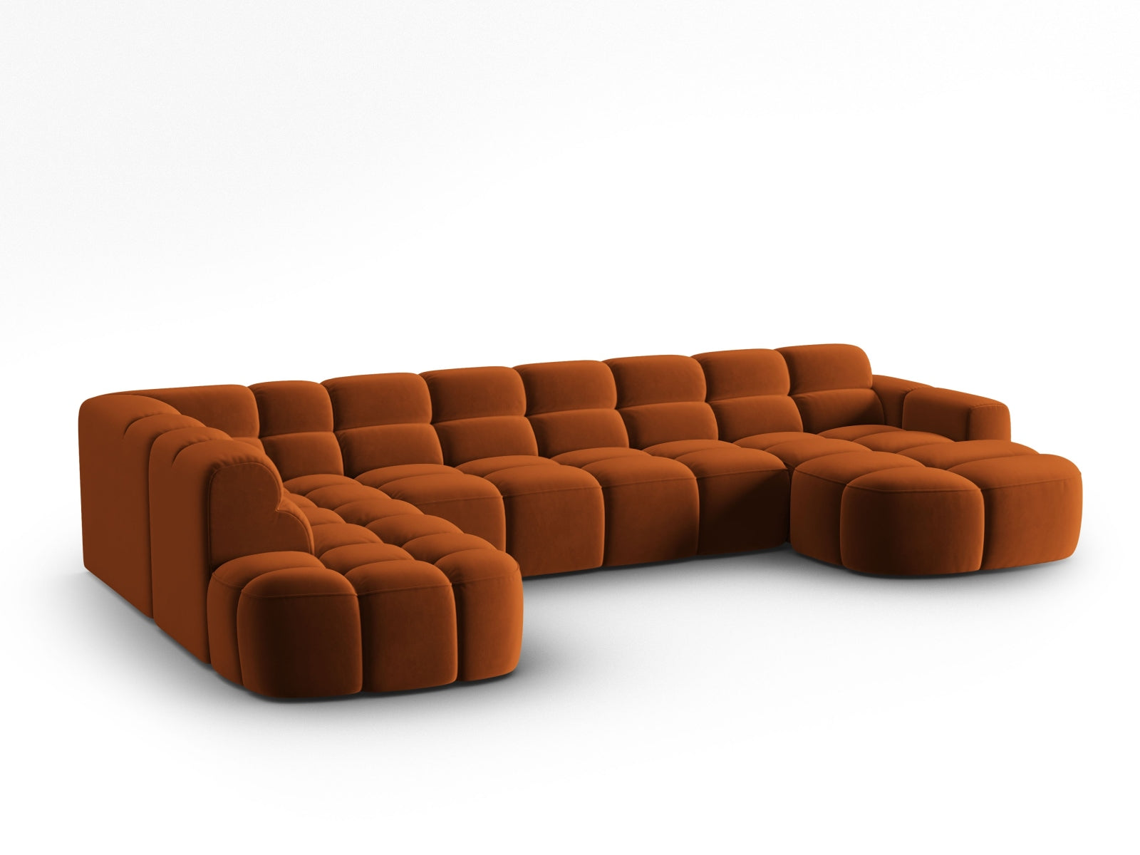 Erleben Sie das stilvolle Lisa Velour Panoramic Ecksofa links 7 Sitzer von Micadoni. Perfekt für Ihr modernes Wohnzimmer, vereint es Eleganz und Gemütlichkeit.