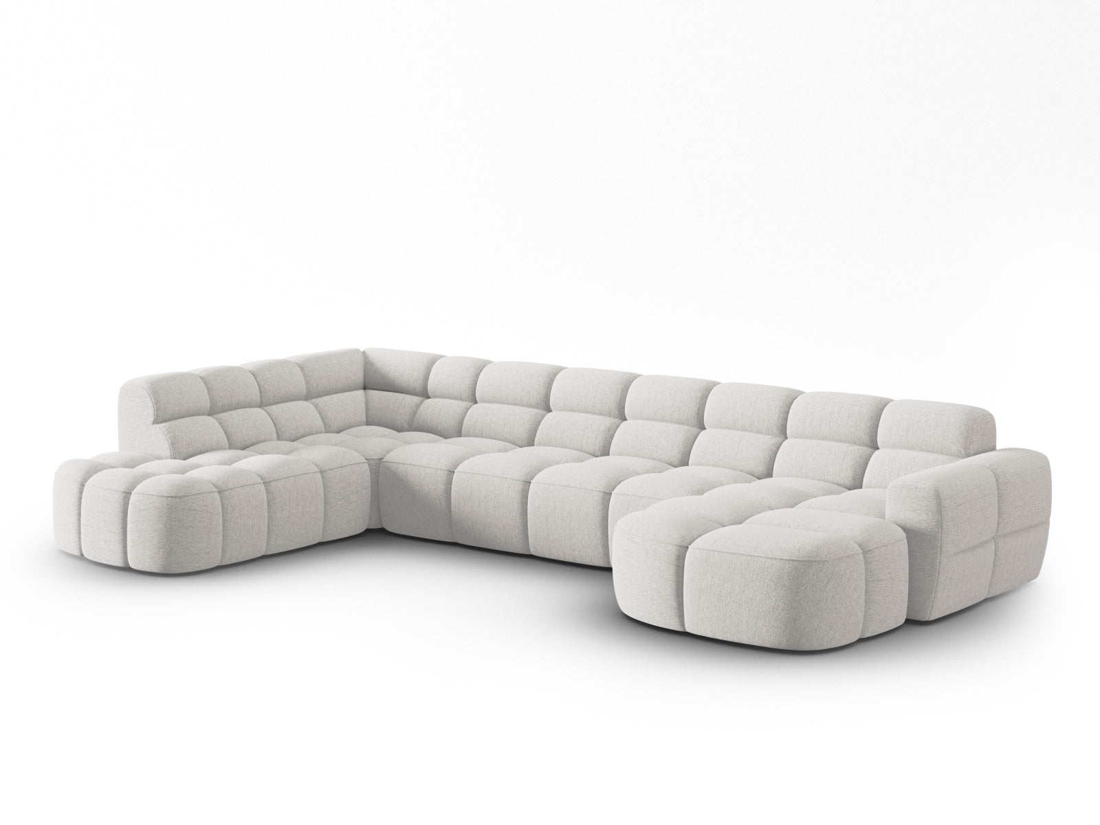 Erleben Sie das stilvolle Lisa Panoramic Ecksofa links 7 Sitzer von Micadoni. Luxuriöser Velours, viel Platz und zeitgemässes Design für Ihr Zuhause.