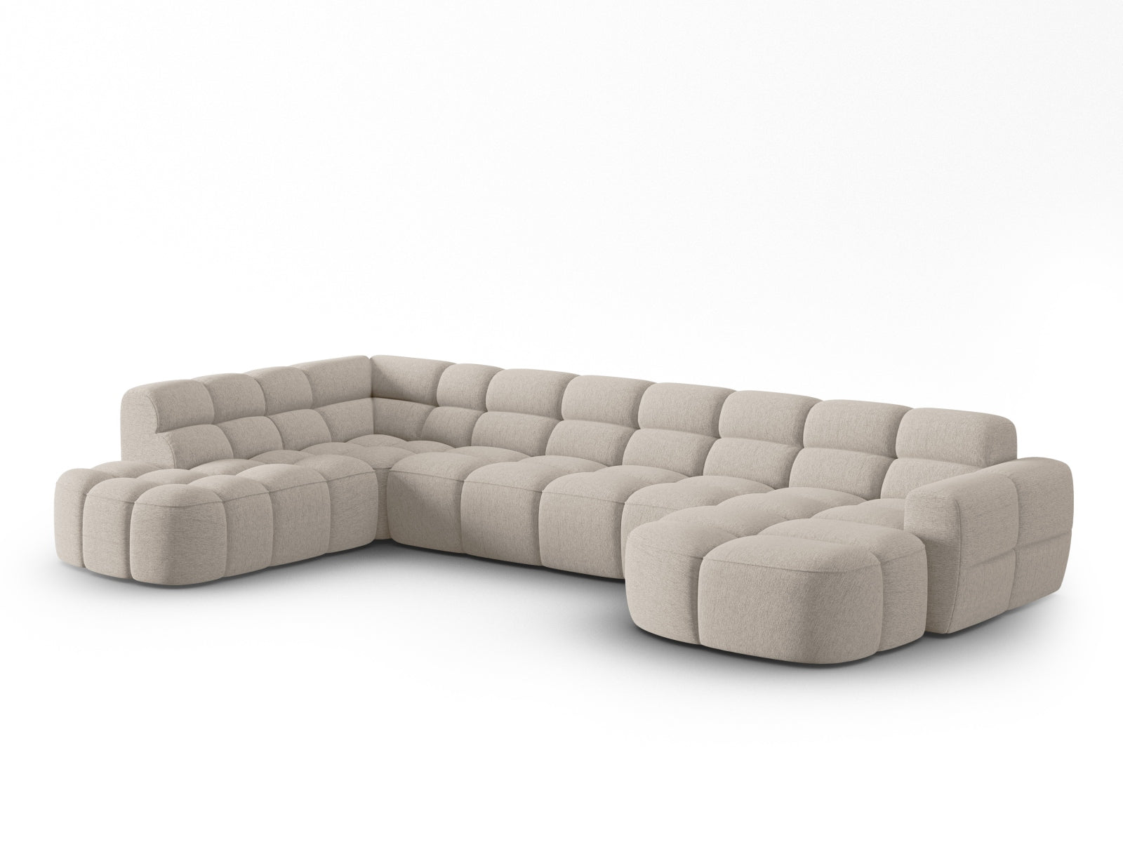 Entdecken Sie das elegante Lisa Panoramic Ecksofa links 7 Sitzer von Micadoni. Hochwertiger Velours, grosszügiger Platz und modernes Design für Ihr Wohnzimmer.