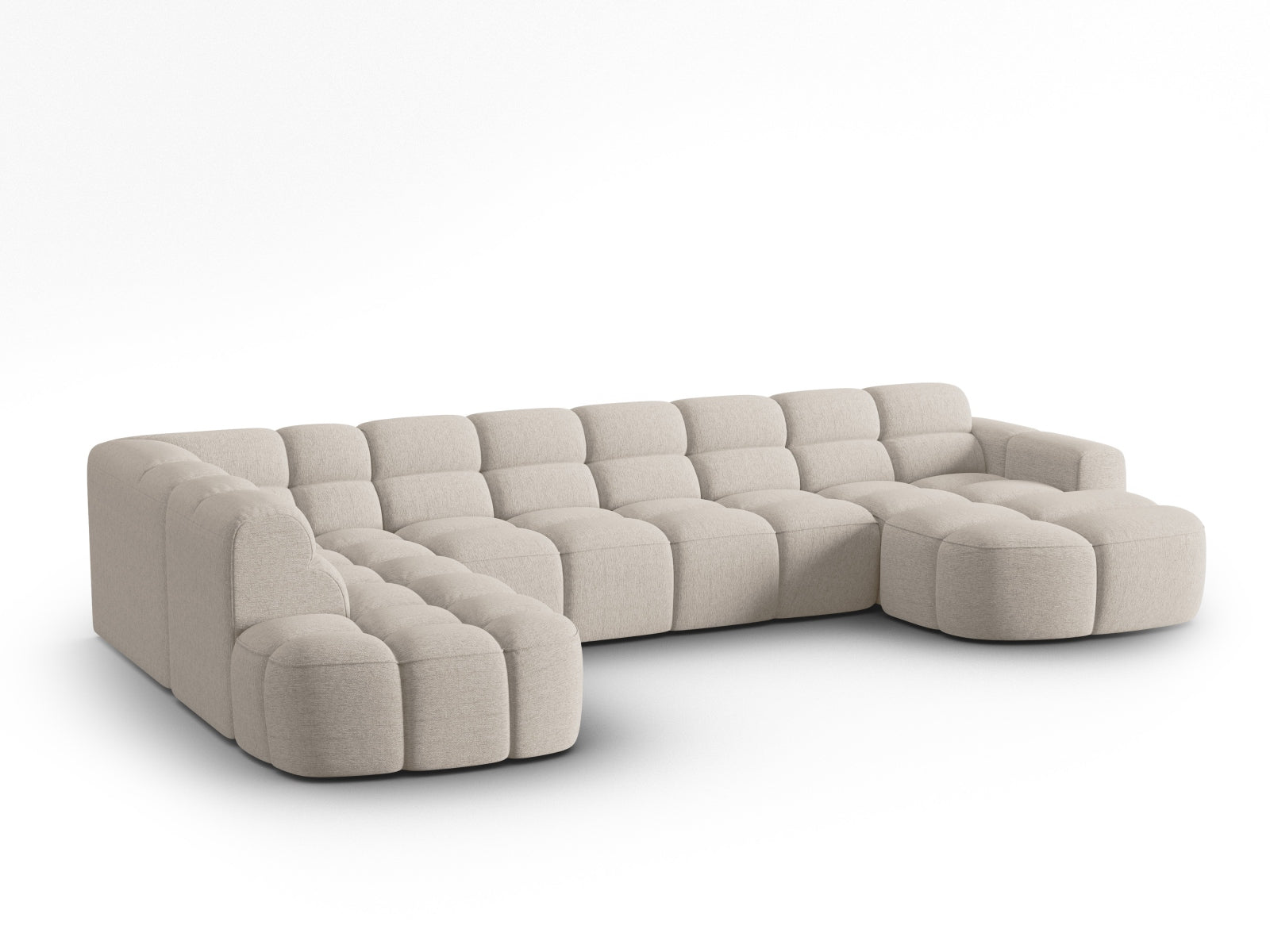 Erleben Sie das stilvolle Lisa Panoramic Ecksofa links 7 Sitzer von Micadoni. Luxuriöser Velours, viel Platz und zeitgemässes Design für Ihr Zuhause.