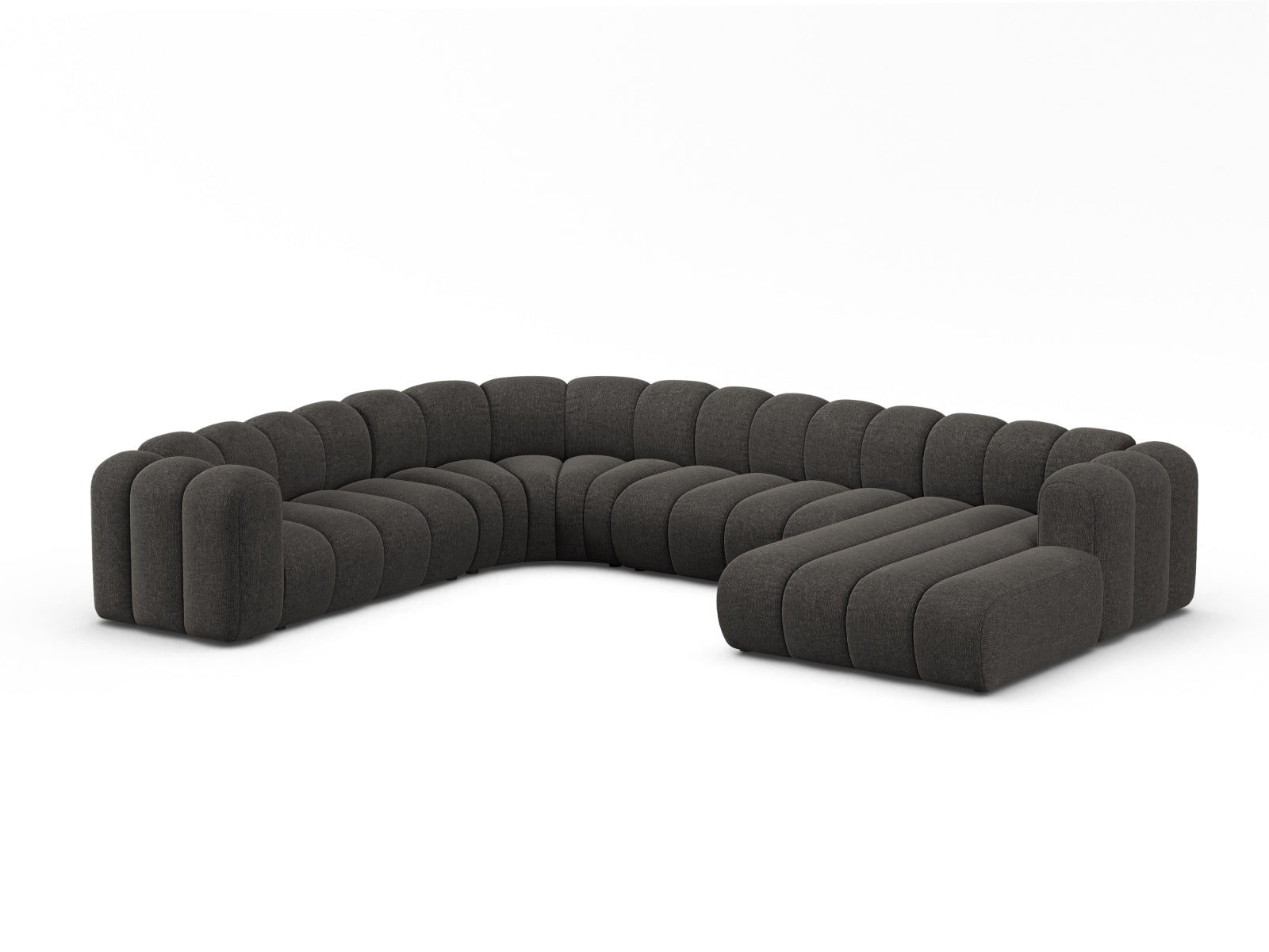 Elegantes, modulares Ecksofa in Dunkelgrau, ideal für stilvolle Wohnräume. Komfortables 6-Sitzer-Design von Micadoni.