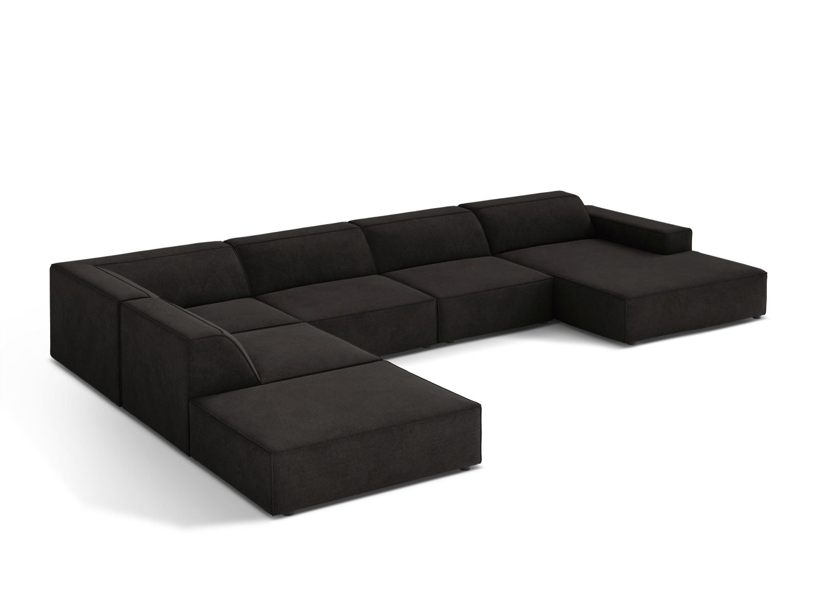 Modernes 7-Sitzer Ecksofa Jodie in Schwarz, mit modularer Panoramafunktion, ideal für gemütliche und stilvolle Wohnräume.