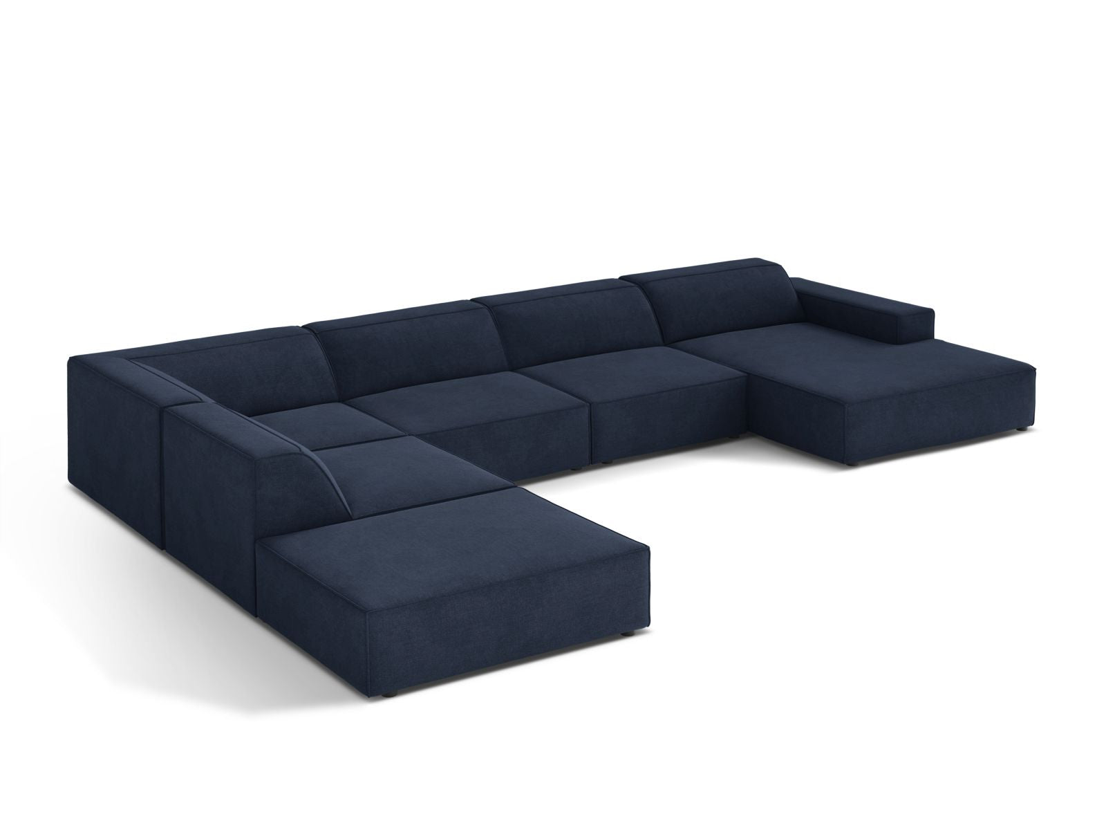 Elegantes 7-Sitzer Ecksofa Jodie in stilvollem Navy Blue, ideal für moderne Wohnräume und gesellige Zusammenkünfte, von Micadoni.