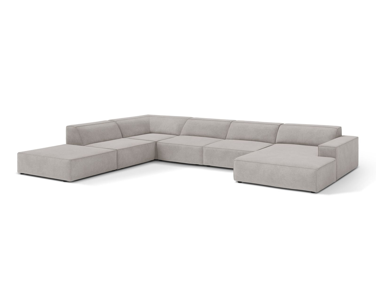 Stylisches 7-Sitzer Ecksofa Jodie in hellem Grau, modular und komfortabel, ideal für moderne Wohnräume.