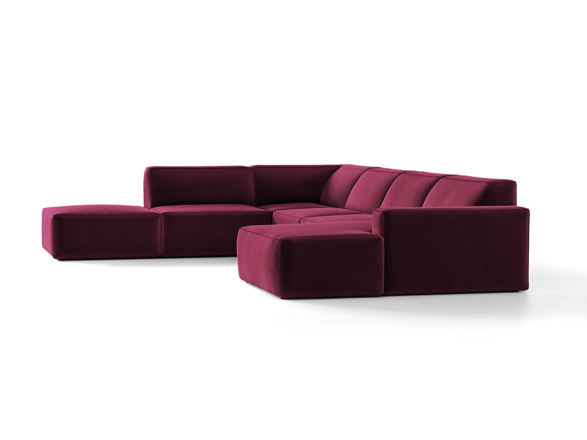 Modulares Ecksofa links Jodie von Micadoni in leichtem Beige mit Venus-Samtstoff, schwarzen Kunststoffbeinen und Panoramaform.