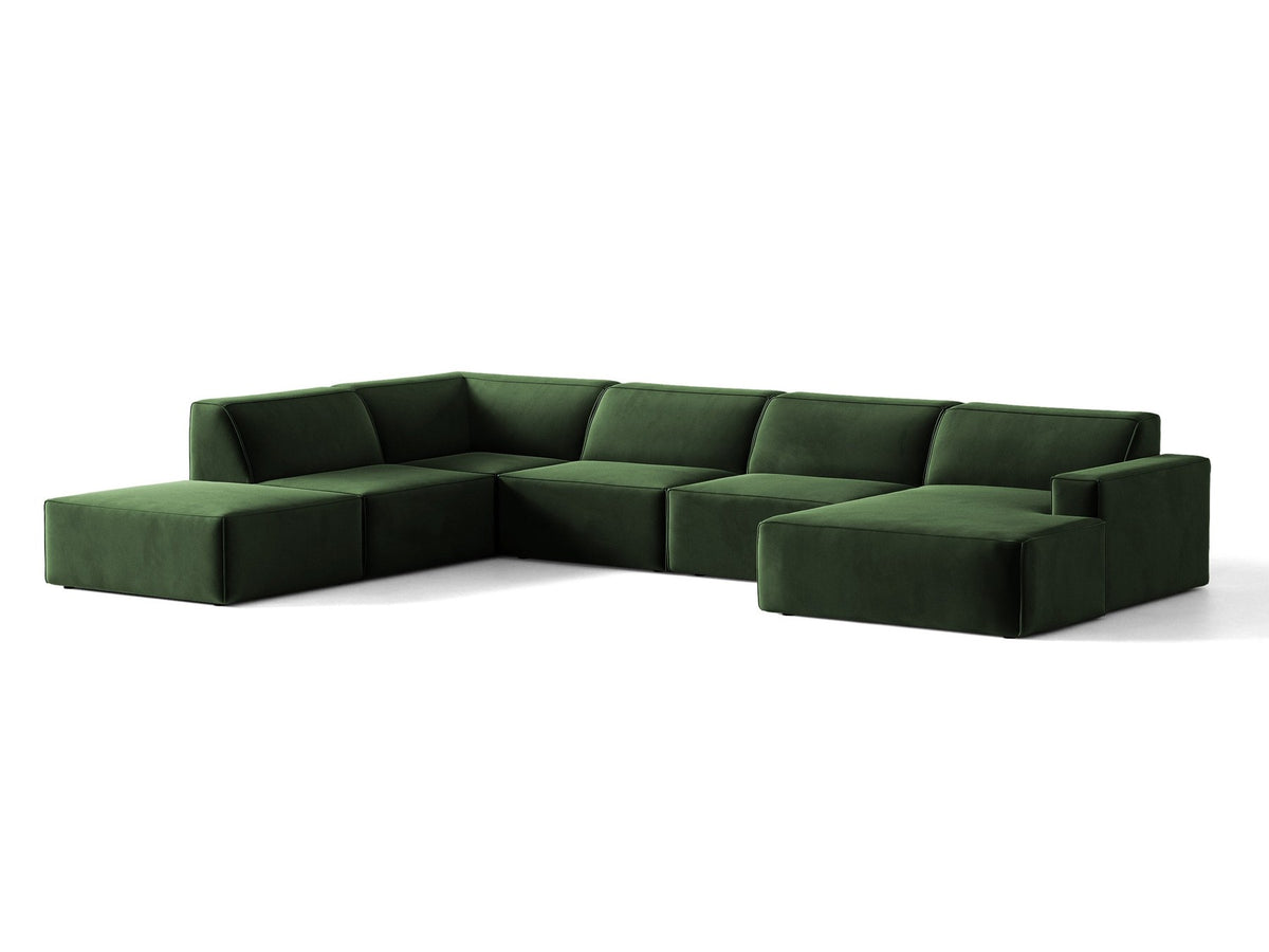 Modulares Ecksofa links Jodie von Micadoni in leichtem Beige mit Venus-Samtstoff, schwarzen Kunststoffbeinen und Panoramaform.