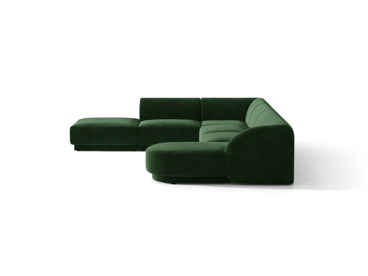 Miley Panoramasofa von Micadoni, Ecksofa links in Dunkelbeige mit Bluvel-Stoffbezug, schwarzen Kunststofffüssen und niedriger Rückenlehne.