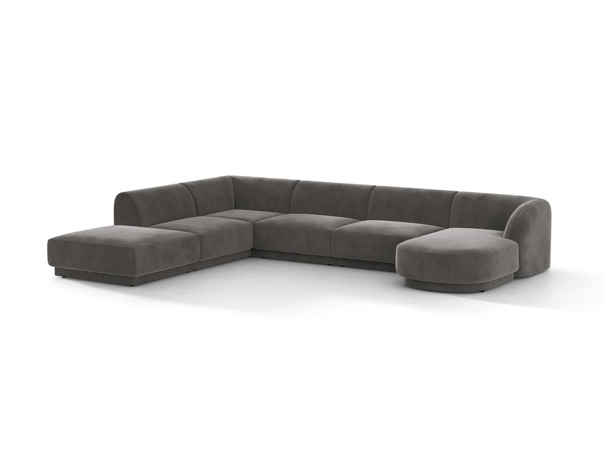Miley Panoramasofa von Micadoni, Ecksofa links in Dunkelbeige mit Bluvel-Stoffbezug, schwarzen Kunststofffüssen und niedriger Rückenlehne.