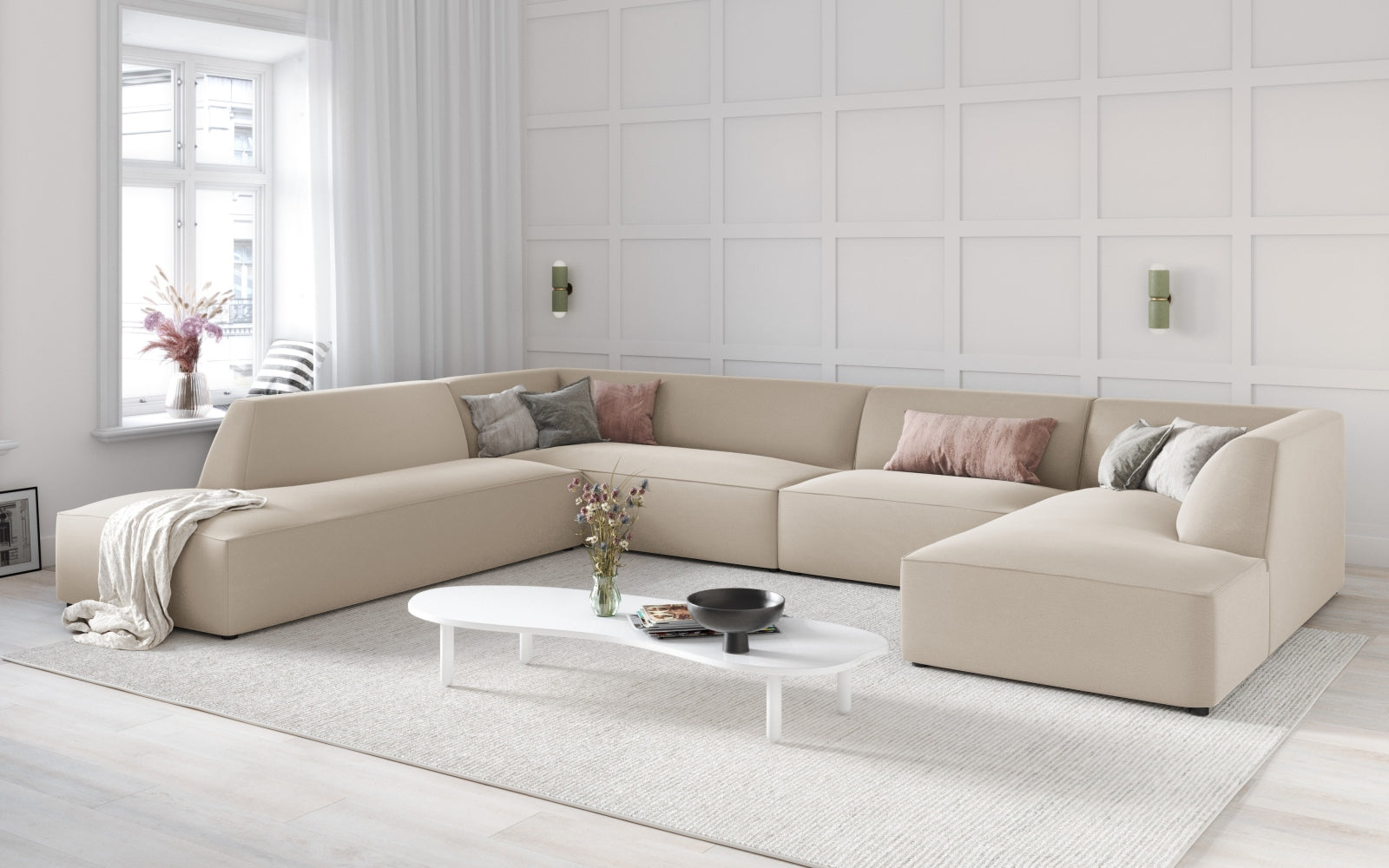 Elegantes Ruby Velour Panoramic Ecksofa links in stilvollem Beige, ideal für moderne Wohnräume und gemütliche Abende.