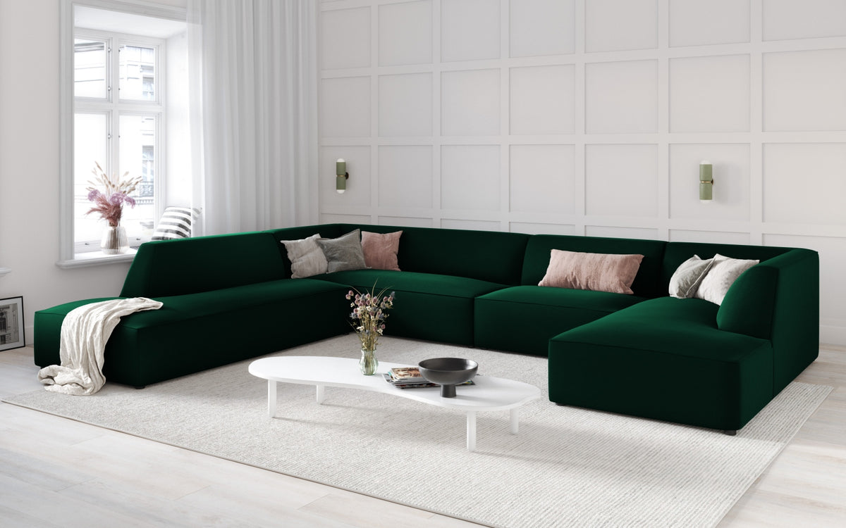 Ruby Velour Panoramic Ecksofa links 7 Sitzer in Bottle Green-Salvador präsentiert im Onlineshop von KAQTU Design AG. Ecksofa links ist von Micadoni