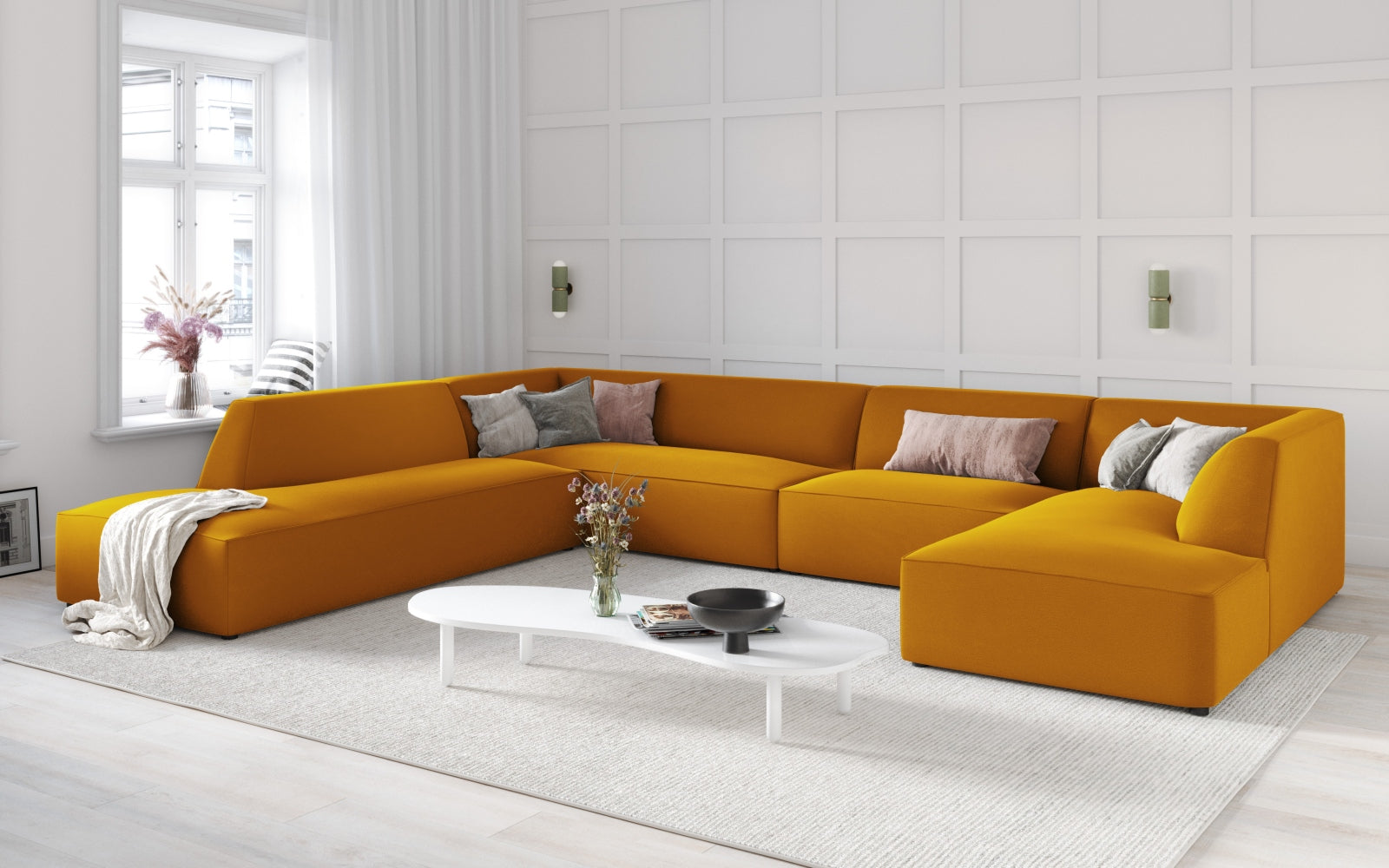 Entdecken Sie das luxuriöse Ruby Velour Panoramic Ecksofa links 7 Sitzer von Micadoni – stilvoll, komfortabel und perfekt für gesellige Abende.
