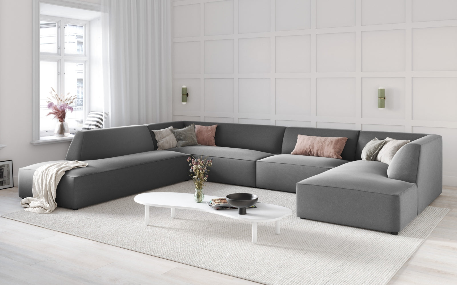 Entdecken Sie das luxuriöse Ruby Velour Panoramic Ecksofa links 7 Sitzer von Micadoni – stilvoll, komfortabel und perfekt für gesellige Abende.