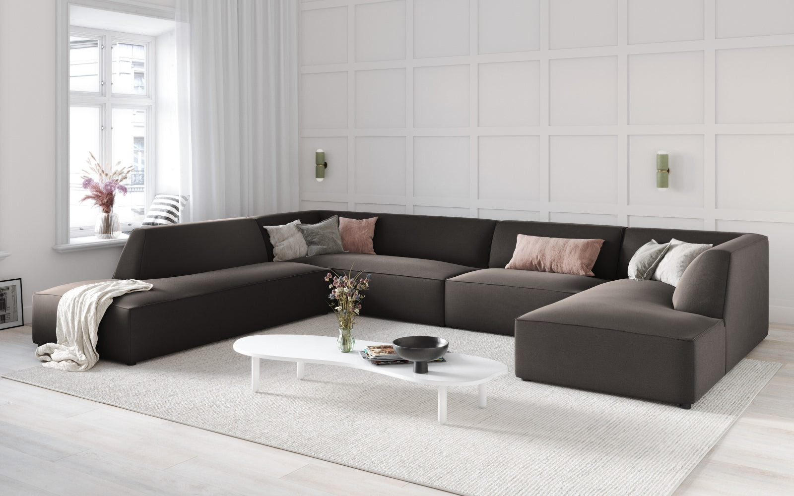 Entdecken Sie das luxuriöse Ruby Velour Panoramic Ecksofa links 7 Sitzer von Micadoni – stilvoll, komfortabel und ideal für gesellige Abende.
