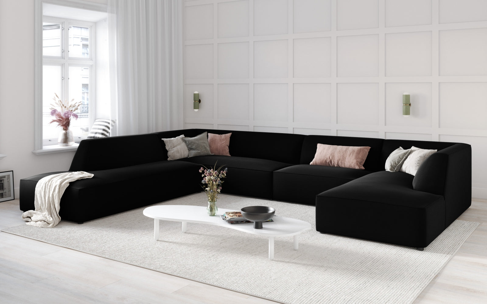 Entdecken Sie das luxuriöse Ruby Velour Panoramic Ecksofa links 7 Sitzer von Micadoni – stilvoll, komfortabel und perfekt für gesellige Abende.