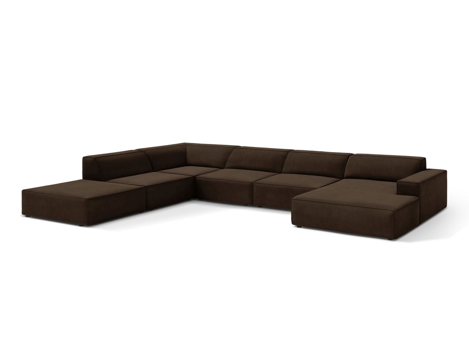 Elegantes, modulares 7-Sitzer Ecksofa Jodie in Velours, linksseitig, in dunklem Braun, ideal für stilvolle Wohnräume.