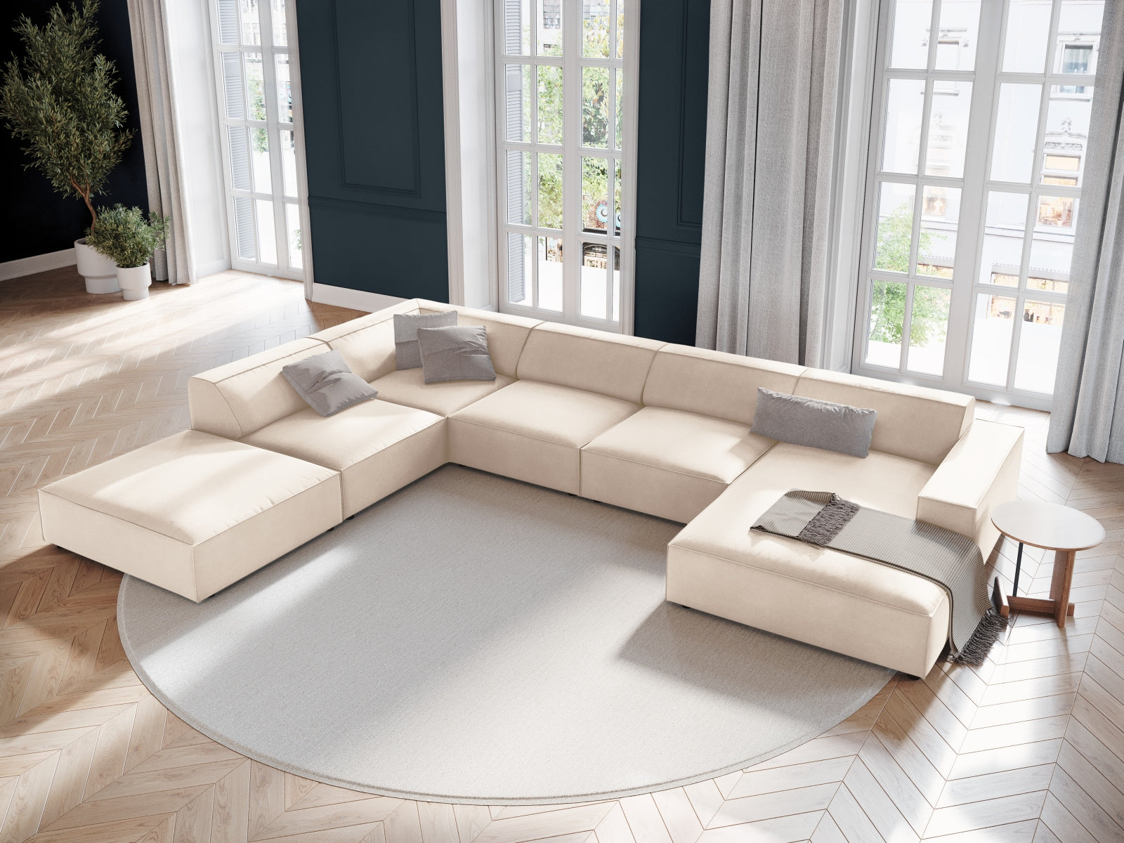 Entdecken Sie das elegante Jodie Velour 7-Sitzer Ecksofa links von Micadoni. Modulares Design, hoher Komfort und stilvolle Farben für Ihr Zuhause.