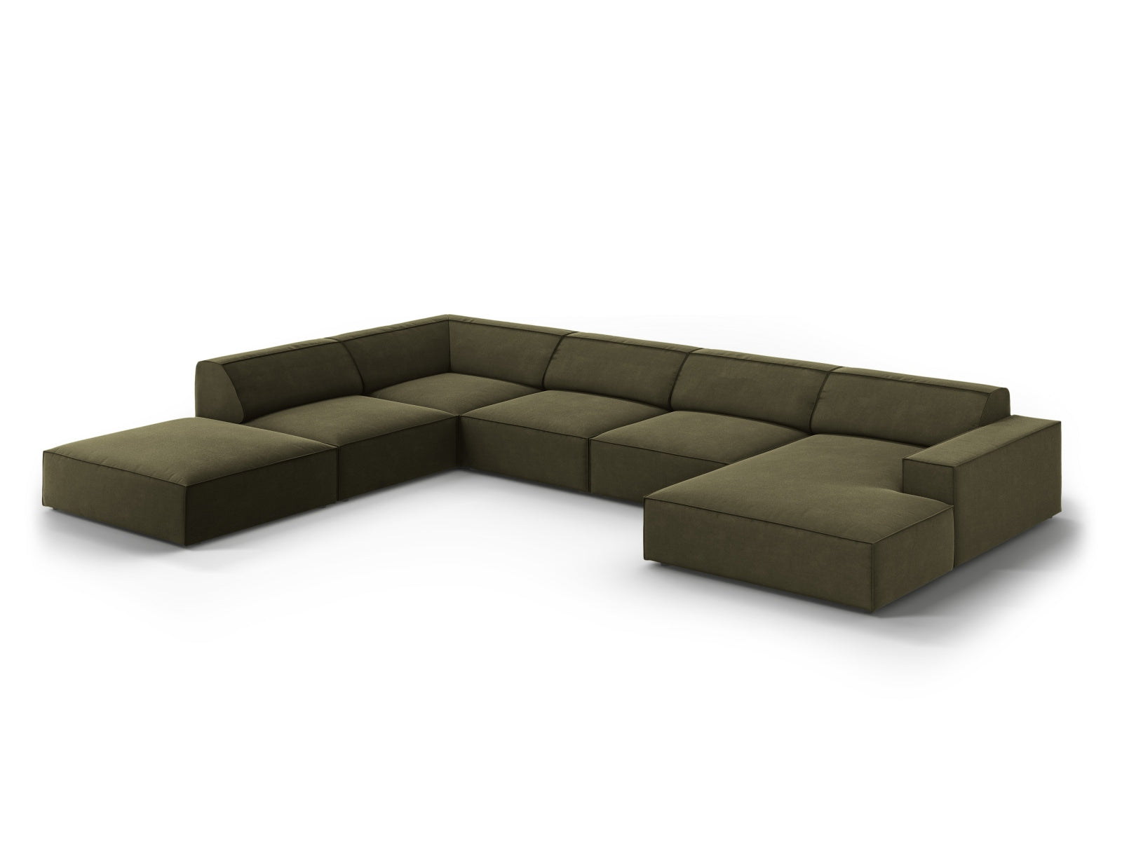 Modulares 7-Sitzer Ecksofa Jodie in luxuriösem Velours, linksseitig, in ansprechendem Grün-Blau für moderne Wohnkonzepte.