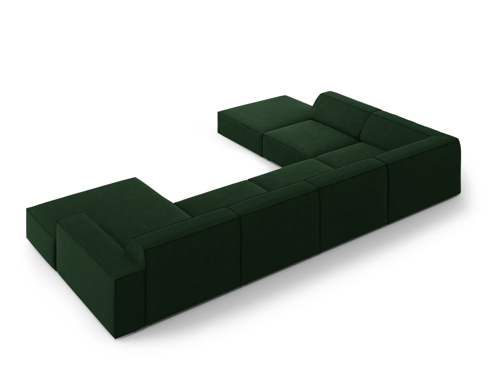 Elegantes, modulares 7-Sitzer Ecksofa Jodie in edlem Flaschengrün, ideal für stilvolle Wohnzimmergestaltung von Micadoni.