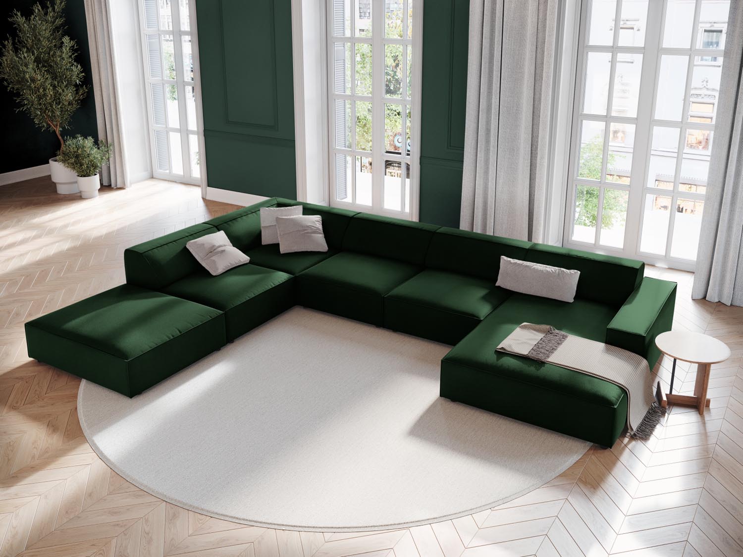 Elegantes Jodie Velour Ecksofa in Flaschengrün, modulares Design, ideal für stilvolle Wohnräume, präsentiert als 7-Sitzer von Micadoni.