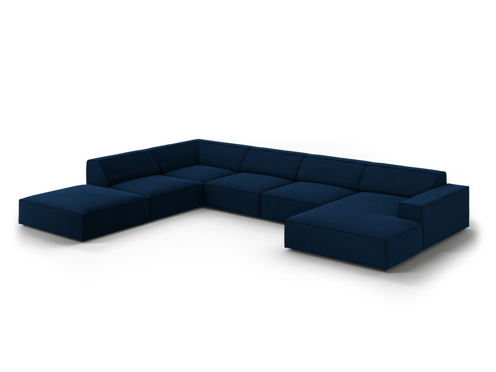 Modulares 7-Sitzer Ecksofa Jodie in Royal Blue aus Velours, ideal für moderne Wohnräume, bietet Komfort und Stil.