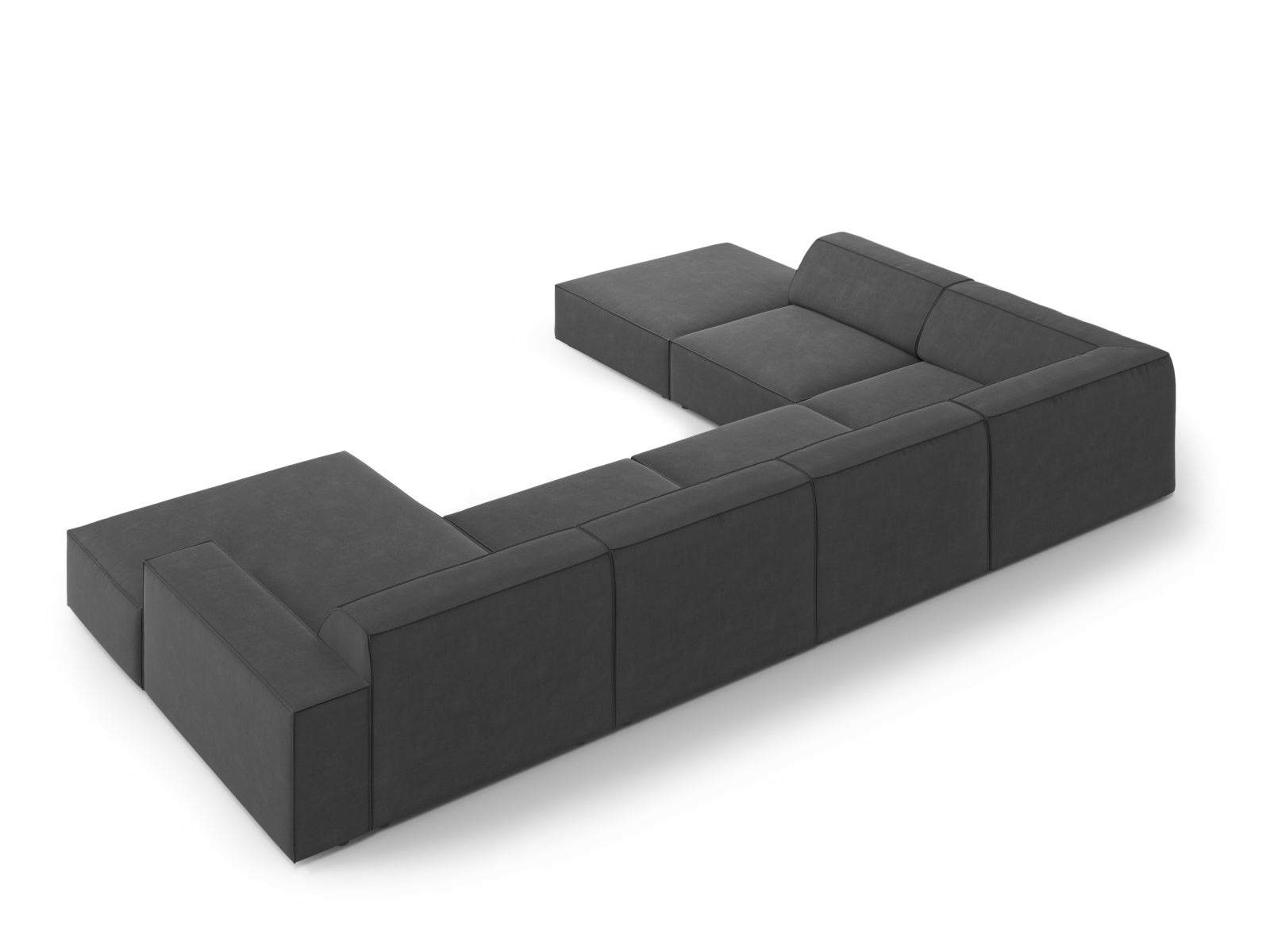Elegantes, modulares 7-Sitzer Ecksofa Jodie Velour in Grau-Blau, perfekt für stilvolle Wohnzimmer und gemütliche Zusammenkünfte.